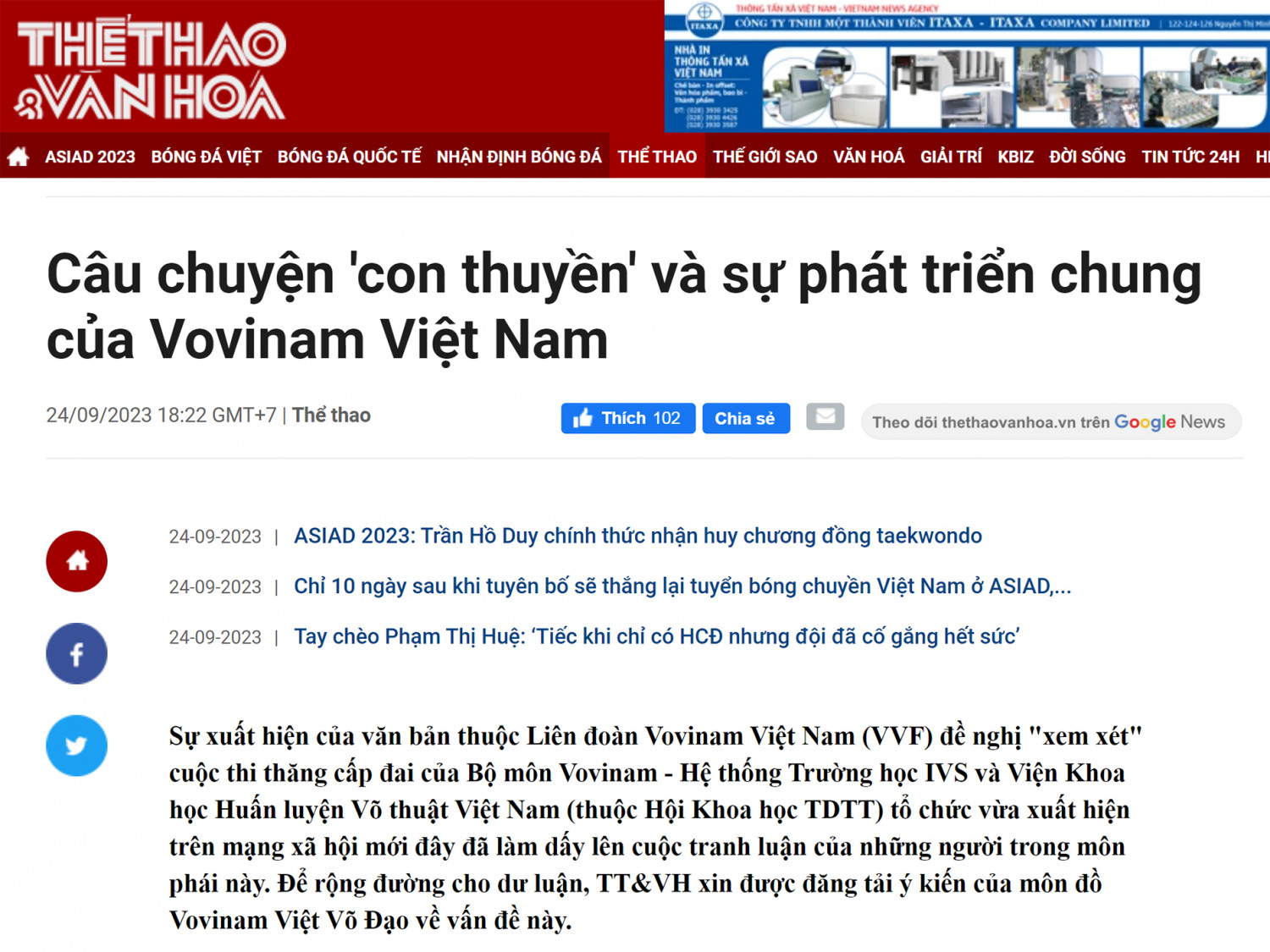 Báo Thể thao & Văn hoá đưa tin: Câu chuyện 'con thuyền' và sự phát triển chung của Vovinam Việt Nam